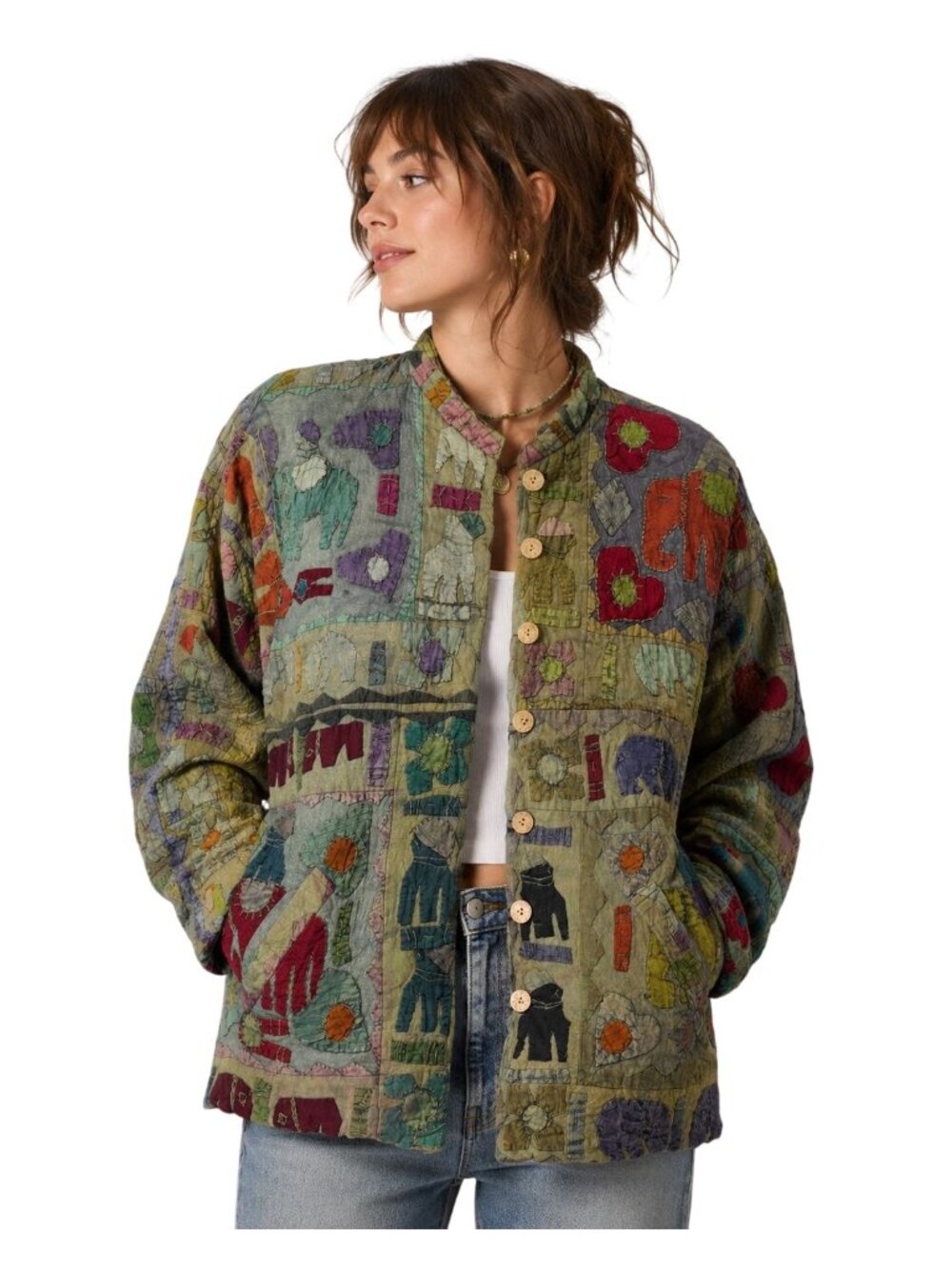 Vintage Little Buddha India Quilted Patchwork Jacket Womens M/L Cotton Elephant